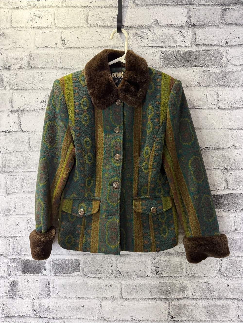 Dink Vintage-Inspired Green Patterned Wool Pea Coat with Faux Fur Trim